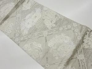 リサイクル　プラチナ箔扇に格天井・花々模様織出し袋帯